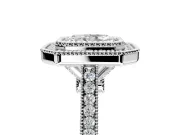 Halo Engagement Ring Setting for Radiant Cut Center with Milgrain Frame, Pave Band and Prong Head in White Gold