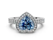 Milgrain Halo Engagement Ring Setting for Fancy Blue Heart-Shaped Center with Wide Pave Band and Prong Head in White Gold