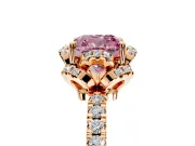 Halo Engagement Ring Setting for Fancy Pink Cushion Cut Center with Openwork Halo, Pave Band and Prong Head in Rose Gold
