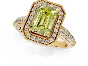Milgrain Halo Engagement Ring Setting for Fancy Yellow Emerald Cut Center with Three-Sided Pave Band and Prong Head in Yellow Gold