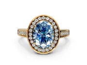 Halo Engagement Ring Setting for Fancy Blue Oval Center with Outer Bezel Rim, Pave Band and Prong Head in Yellow Gold