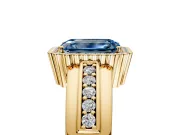 Halo Engagement Ring Setting for Fancy Blue Emerald Cut Center with Wide Band, Inlaid Accent Row and Prong Head in Yellow Gold