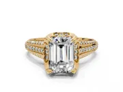 Solitaire Engagement Ring Setting for Emerald Cut Center with Accented Split Shank and Prong Head in Yellow Gold