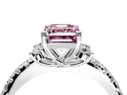 Paired Accent Engagement Ring Setting for Fancy Pink Emerald Cut Center with Pave Band and Prong Head in Platinum