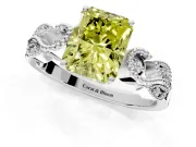 Leaf Engagement Ring Setting for Fancy Yellow Princess Cut Center with Milgrain Accent Band and Prong Head in Sterling Silver