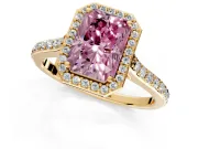 Halo Engagement Ring Setting for Fancy Pink Radiant Cut Center with Pave Accents, Heart Basket and Prong Head in Yellow Gold
