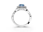 Halo Engagement Ring Setting for Fancy Blue Cushion Cut Center with Leaf Motif Split Shank and Prong Head in Sterling Silver