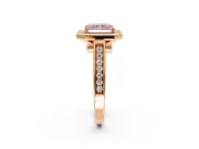 Halo Engagement Ring Setting for Fancy Pink Radiant Cut Center with Outer Bezel Rim, Pave Band and Prong Head in Rose Gold
