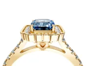 Milgrain Floral Halo Engagement Ring Setting for Fancy Blue Emerald Cut Center with Pave Band and Prong Head in Yellow Gold