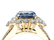 Halo Engagement Ring Setting for Fancy Blue Asscher Cut Center with Two-Strand Split Shank and Prong Head in Yellow Gold