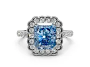 Milgrain Floral Halo Engagement Ring Setting for Fancy Blue Radiant Cut Center with Pave Band and Prong Head in Platinum