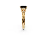 Solitaire Engagement Ring Setting for Fancy Black Emerald Cut Center with Filigree Band and Prong Head in Yellow Gold