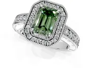 Milgrain Halo Engagement Ring Setting for Fancy Green Emerald Cut Center with Pave Band and Prong Head in White Gold