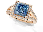 Halo Engagement Ring Setting for Fancy Blue Princess Cut Center with Pave Split Shank and Prong Head in Rose Gold