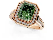 Halo Engagement Ring Setting for Fancy Green Emerald Cut Center with Outer Bezel Rim, Pave Band and Prong Head in Rose Gold