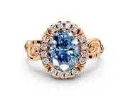 Halo Engagement Ring Setting for Fancy Blue Oval Center with Open Scroll Shoulders and Prong Head in Rose Gold