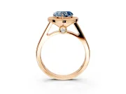 Halo Engagement Ring Setting for Fancy Blue Heart-Shaped Center with Outer Bezel Rim, Pave Band and Prong Head in Rose Gold