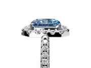 Pave Halo Engagement Ring Setting for Fancy Blue Radiant Cut Center with Single Row Pave Band and Prong Head in Platinum