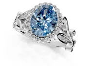 Halo Engagement Ring Setting for Fancy Blue Oval Center with Leaf Motif Split Shank and Prong Head in Platinum