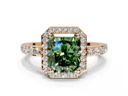 Halo Engagement Ring Setting for Fancy Green Radiant Cut Center with Heart-Shaped Openwork, Pave Band and Prong Head in Rose Gold