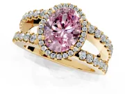 Halo Engagement Ring Setting for Fancy Pink Oval Center with Wide-Open Pave Split Shank and Prong Head in Yellow Gold