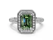 Milgrain Halo Engagement Ring Setting for Fancy Green Emerald Cut Center with Three-Sided Pave Band and Prong Head in Platinum