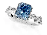 Vintage Station Engagement Ring Setting for Fancy Blue Radiant Cut Center with Accents and Prong Head in Sterling Silver