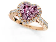 Halo Engagement Ring Setting for Fancy Pink Heart-Shaped Center with Full Pave Band and Prong Head in Rose Gold
