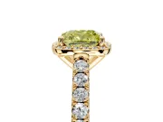 Halo Engagement Ring Setting for Fancy Yellow Cushion Cut Center with Full Pave Band and Prong Head in Yellow Gold