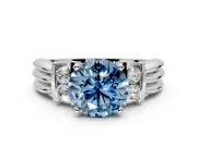 Solitaire Engagement Ring Setting for Fancy Blue Round Cut Center with Grooved Bar Accent Band and Prong Head in Sterling Silver