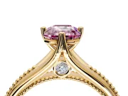 Solitaire Engagement Ring Setting for Fancy Pink Emerald Cut Center with Milgrain Cathedral Band and Prong Head in Yellow Gold