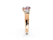 3 Stone Engagement Ring Setting for Fancy Pink Heart-Shaped Center with Raised Basket Heads and Prong Head in Rose Gold