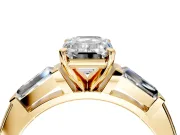 3 Stone Engagement Ring Setting for Emerald Cut Center with Tapered Baguettes, Plain Band and Prong Head in Yellow Gold