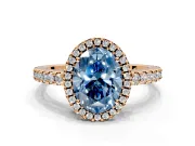 Accent Halo Engagement Ring Setting for Fancy Blue Oval Center with Full-Length Pave Band and Prong Head in Rose Gold