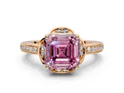 Floral Engagement Ring Setting for Fancy Pink Asscher Cut Center with Four Accent Clusters and Prong Head in Rose Gold