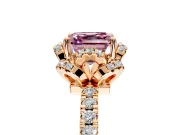Halo Engagement Ring Setting for Fancy Pink Asscher Cut Center with Openwork Halo, Pave Band and Prong Head in Rose Gold