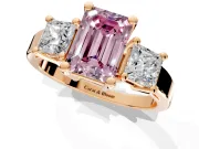 3 Stone Engagement Ring Setting for Fancy Pink Emerald Cut Center with Matching Side Accents and Prong Head in Rose Gold