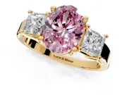 3 Stone Engagement Ring Setting for Fancy Pink Oval Center with Matching Side Accents and Prong Head in Yellow Gold