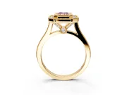 Halo Engagement Ring Setting for Fancy Pink Emerald Cut Center with Milgrain Frame, Pave Band and Prong Head in Yellow Gold