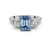 3 Stone Engagement Ring Setting for Fancy Blue Emerald Cut Center with Crossover Basket, Pave Band and Prong Head in White Gold
