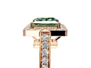 Bezel-Framed Halo Engagement Ring Setting for Fancy Green Princess Cut Center with Pave Band and Prong Head in Rose Gold