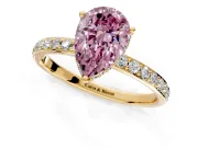 Hidden Halo Engagement Ring Setting for Fancy Pink Pear-Shaped Center with Pave Band and Prong Head in Yellow Gold