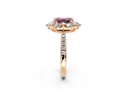 Floral Halo Engagement Ring Setting for Fancy Pink Emerald Cut Center with Pave Accents and Prong Head in Rose Gold