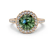 Pave Halo Engagement Ring Setting for Fancy Green Round Cut Center with Single Row Pave Band and Prong Head in Rose Gold