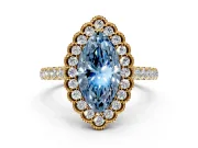 Milgrain Floral Halo Engagement Ring Setting for Fancy Blue Marquise Center with Pave Band and Prong Head in Yellow Gold