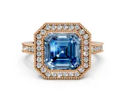 Halo Engagement Ring Setting for Fancy Blue Asscher Cut Center with Milgrain Halo, Pave Band and Prong Head in Rose Gold
