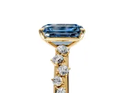 Cluster Engagement Ring Setting for Fancy Blue Emerald Cut Center with Round Cut Accent Band and Prong Head in Yellow Gold