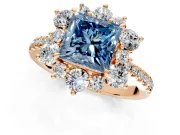 Floral Halo Engagement Ring Setting for Fancy Blue Princess Cut Center with Pave Accents and Prong Head in Rose Gold