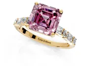 Baguette Engagement Ring Setting for Fancy Pink Asscher Cut Center with Alternating Bar-Set Band and Prong Head in Yellow Gold