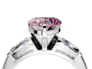 3 Stone Engagement Ring Setting for Fancy Pink Heart-Shaped Center with Tapered Baguettes, Plain Band and Prong Head in Platinum